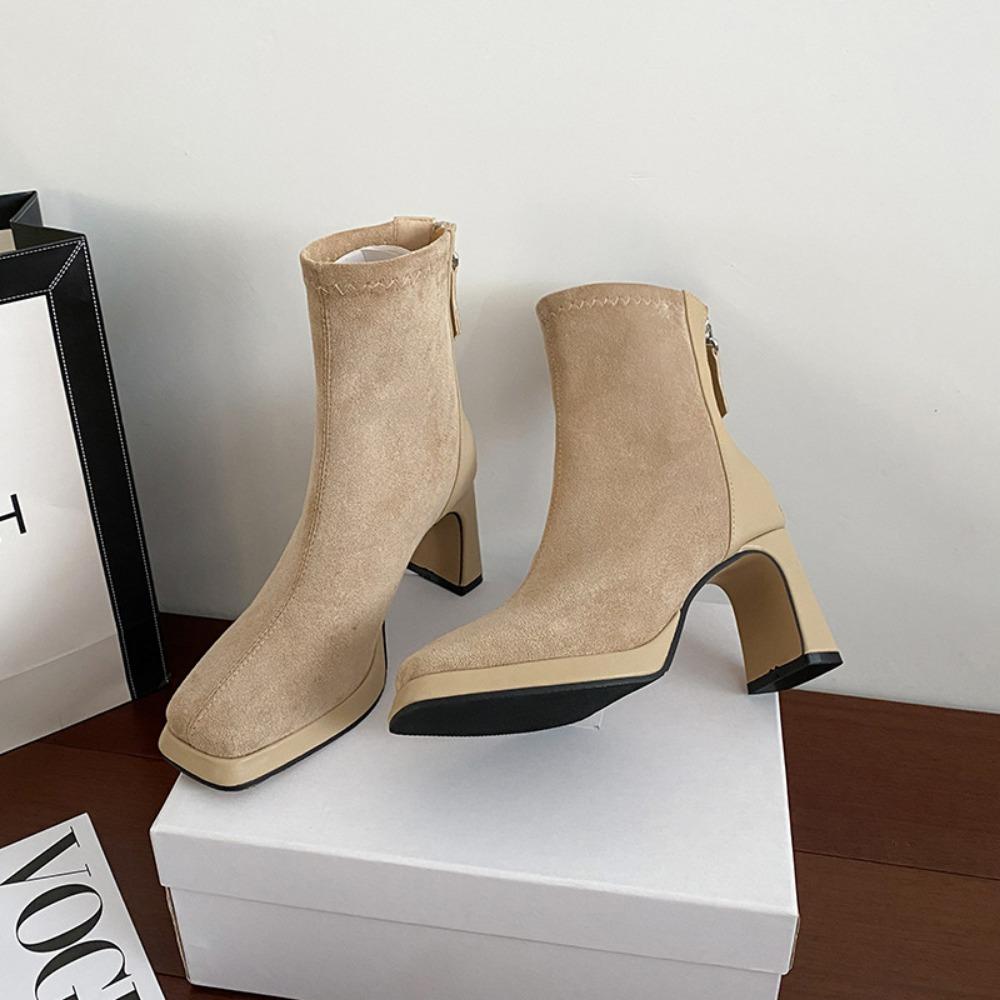 High Heels Women's Autumn and Winter New Suede Short Boots Thick Heels Slim Boots Black Square Toe Short Boots Womens platform