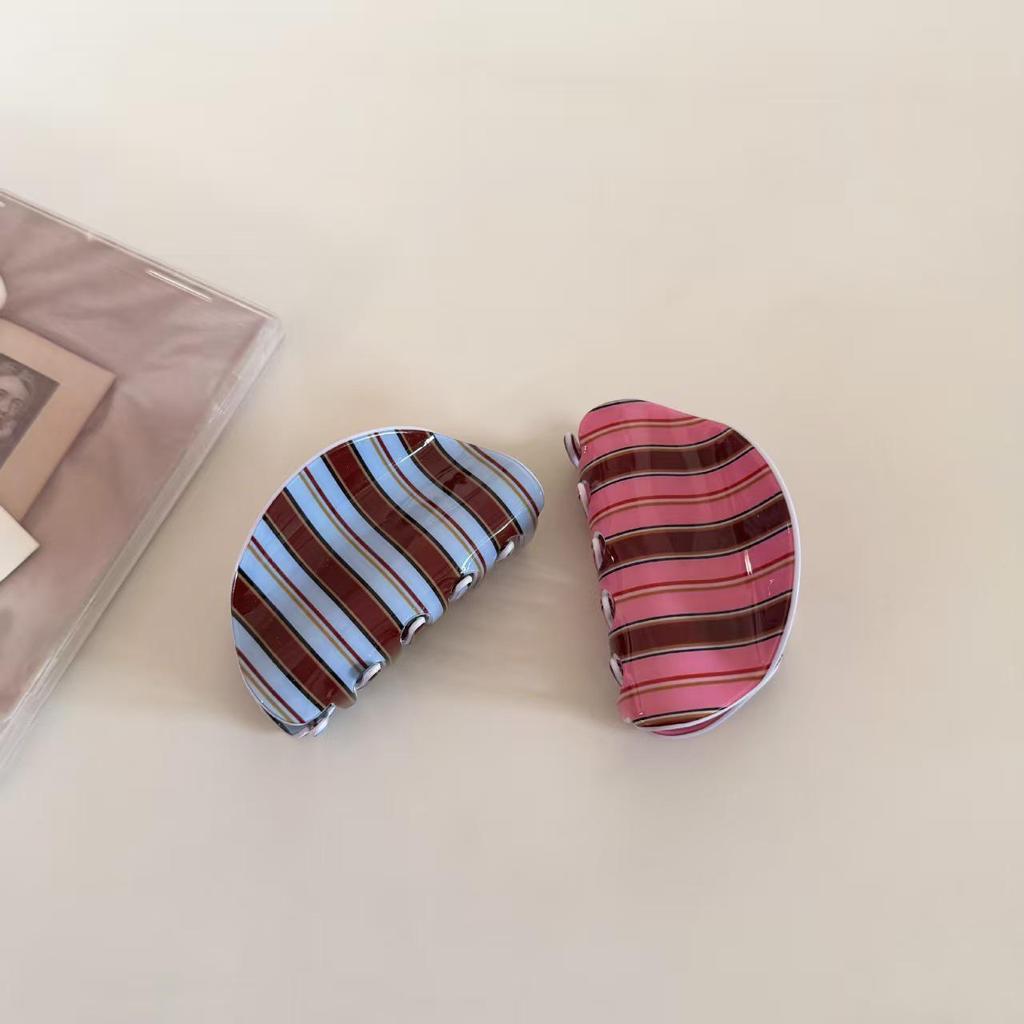 Korean Blue Stripe Acetate Claw Clip, Retro Style Updo Shark Clip for Girls