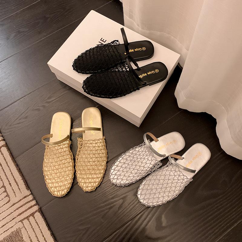 Grape Mother Summer New Hollow Niche Design Outer Wear One Word with Bag Head Flat Bottom Cool Slippers Women