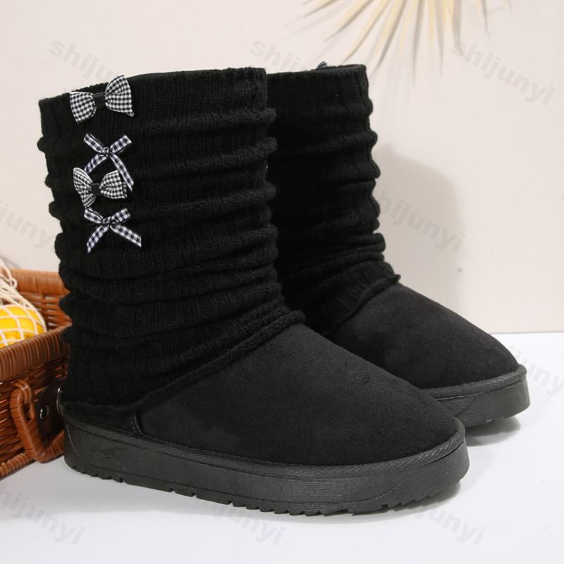 

Winter Fashion Bow Design Thick Soled Snow Boots for Women Warm Comforatbe Versatile Retro Plush Cotton Chunky Short Boots 36