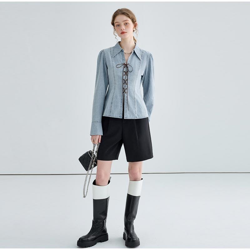 Elegant Women's Denim Lace Up Shirt Light Blue Turn Down Collar Puff Sleeves Waist Tight 2025 Spring Preppy Style Female Tops