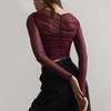 Autumn Solid Color Mesh Sexy Pleated Long Sleeved Women's T-shirts