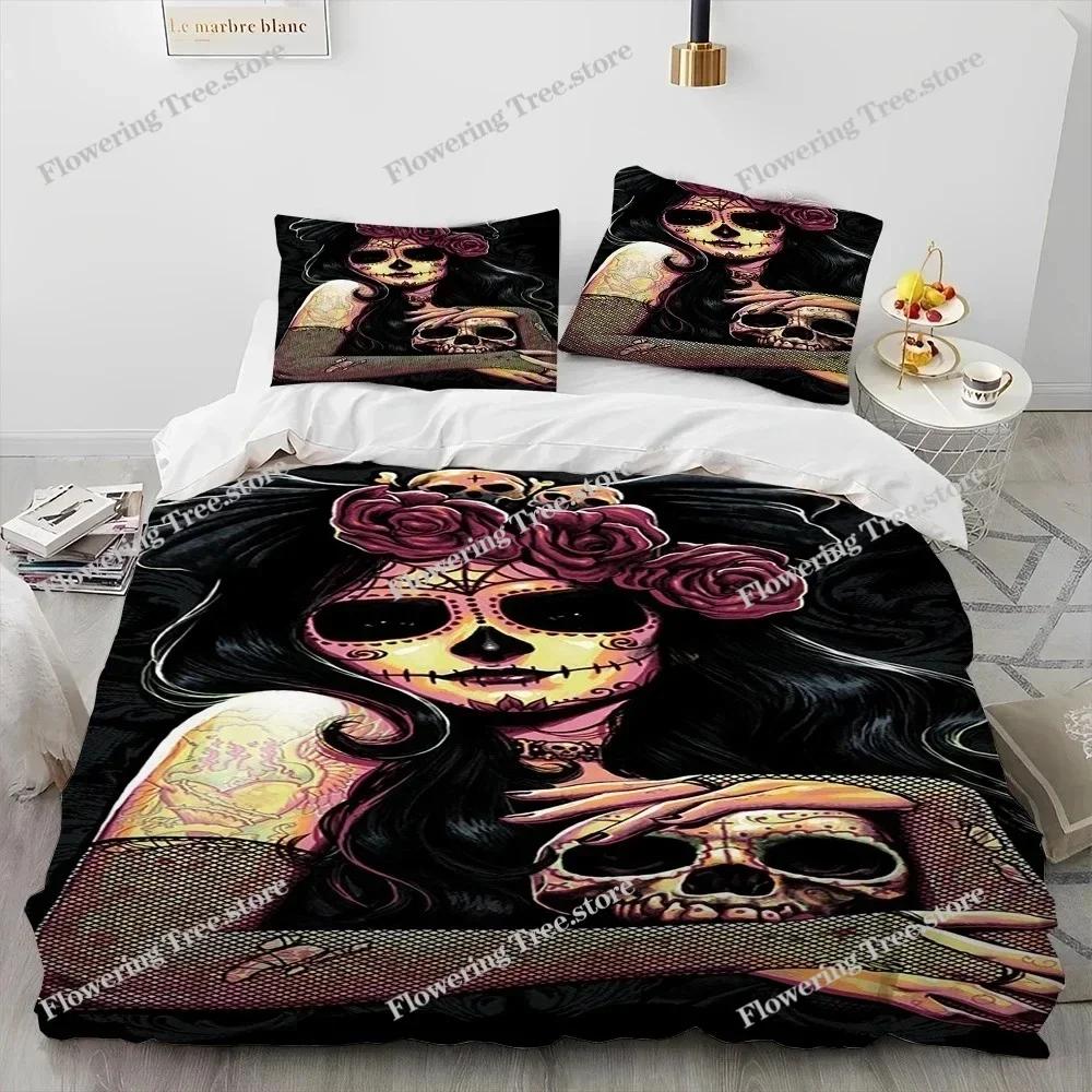 3D Horror Gothic Vrouwelijke Schedel Dood Meisje Dekbedovertrek Beddengoedset, Dekbedovertrek Bedset Quiltovertrek Kussensloop, Queen Size Beddengoedset