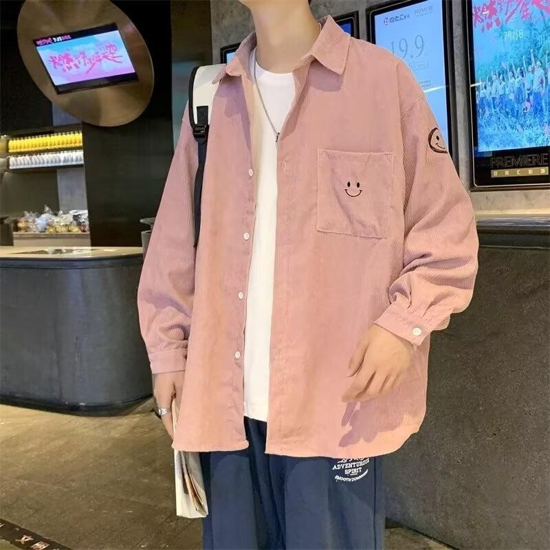 Spring and Autumn Smiling Print Long Sleeve Shirt Men's Hong Kong Style Ins Japanese Loose Shirt Korean Style Trendy Thin Jacket