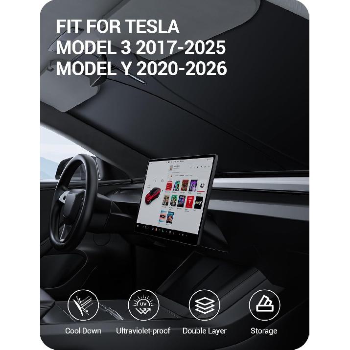 BASENOR 2017-2026 Tesla Model Y Model 3 Windshield Sunshade, Folding Front Window Sun Shade Full Cover, Heat UV Protection Visor Accessories