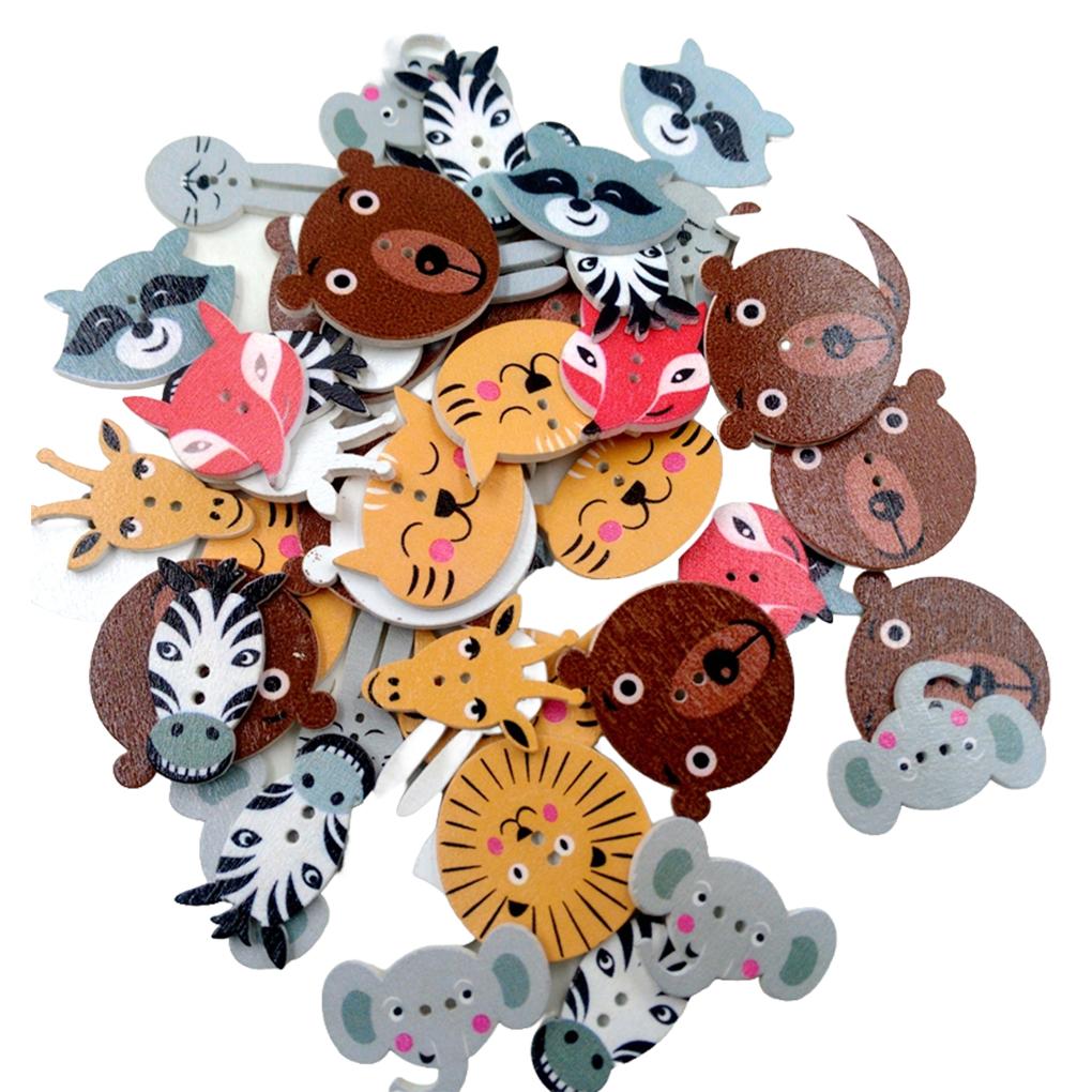 

50 Pieces Wooden Buttons Animals Printing Cartoons Wood Fasteners Embellishments Sewing Accessories Animal Button for Crafting