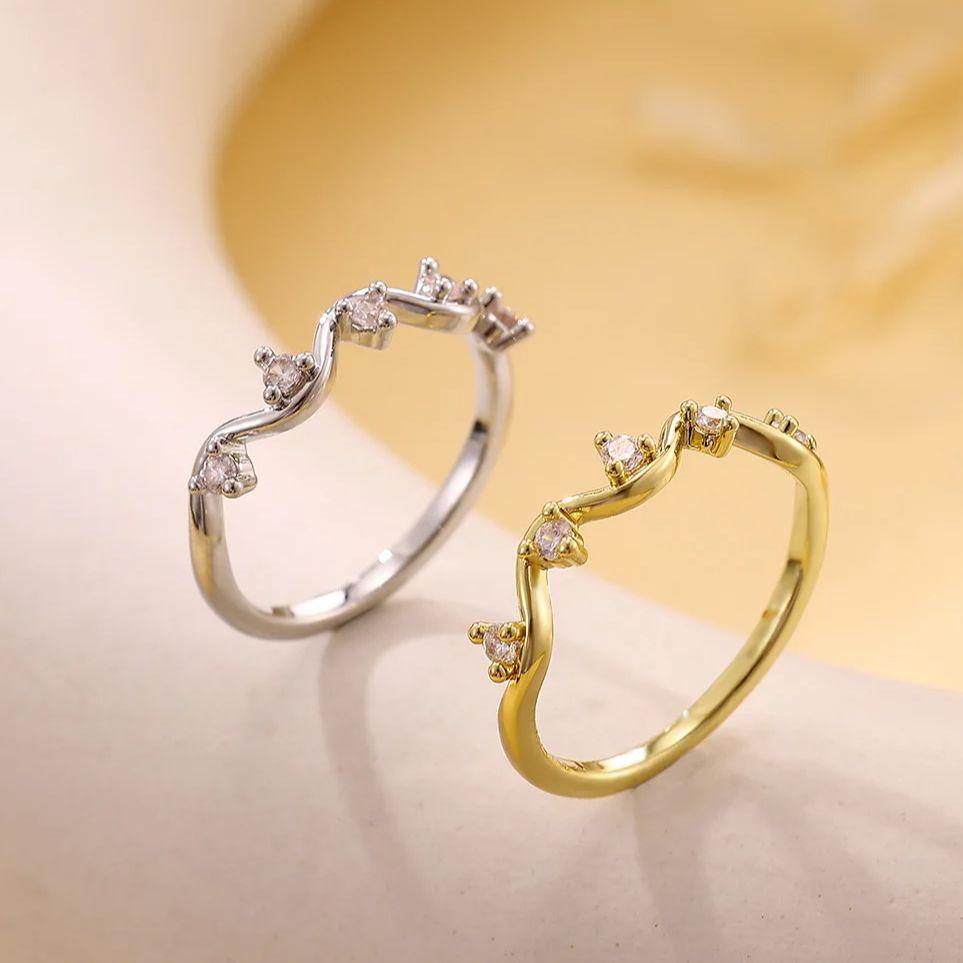 Zircon Geometric Wave Rings For Women Gold Color Stainless Steel Ring Hypoallergenic Wedding Christmas Jewelry Gift