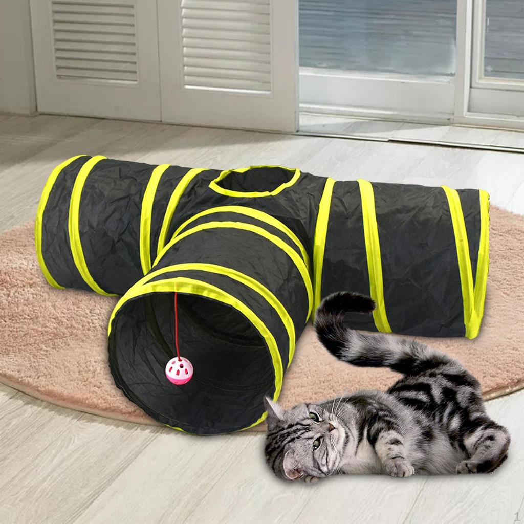 3 Way Cat Tunnel Tube Play Tent Tunnels with Toy Collapsible Cats Interactive Pet Crawl for