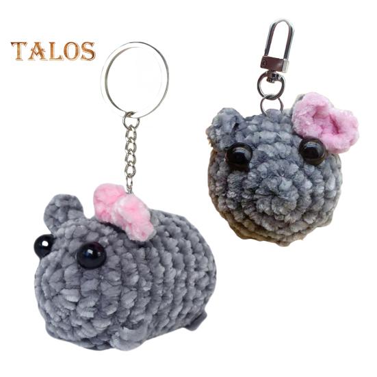 Sad Hamster Plush Keychain Sound Handmade Crochet Doll Keyring with Bow Emotional Charm Hanging Ornament Wallet Backpack Car Keys Accessory