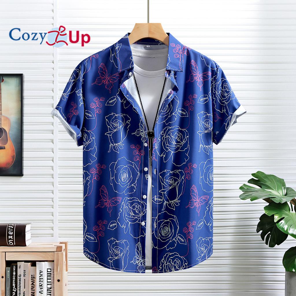 Cămașă cu mânecă scurtă pentru bărbați cu albastru marin, cămașă albă cu trandafiri pentru bărbați modă casual, vacanță de vară în Hawaii 2025 Nou