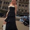 European & American Striped Strapless Layered High Slit Summer Midi Dress for Women