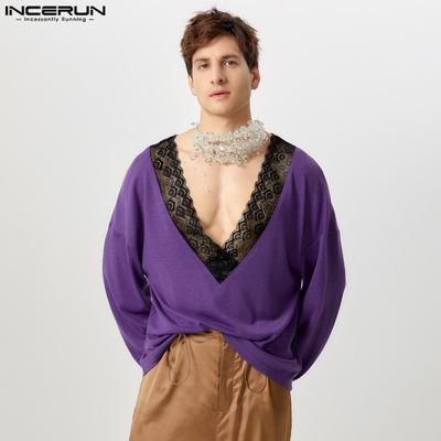 Top Pullover da Uomo con Pizzo, Scollo a V Profondo, Manica Lunga, Cuciture