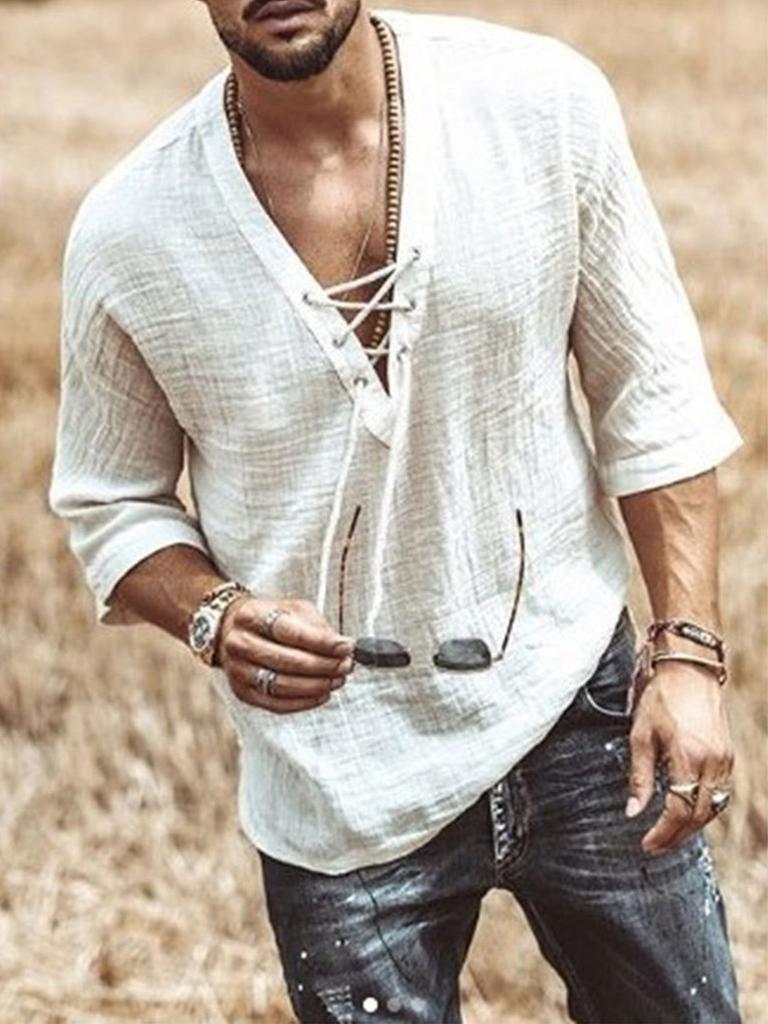 Men's Lace-Up V-Neck Shirt with 3/4 Sleeves and Relaxed Fit - Lightweight Textured Casual Top for Summer Beach Vacation and Everyday Wear