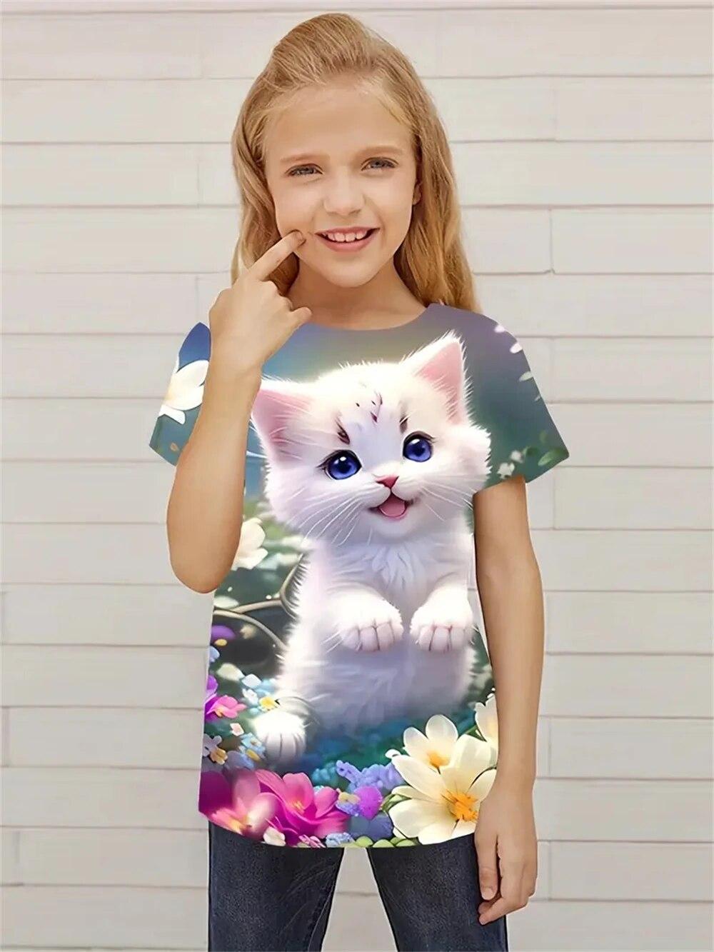 

Нова футболка з короткими рукавами з 3D-друком для дівчаток, садових котів, модні новинки, футболки для дитячої вечірки, весела щоденна футболка, верхній одяг для дівчаток 100