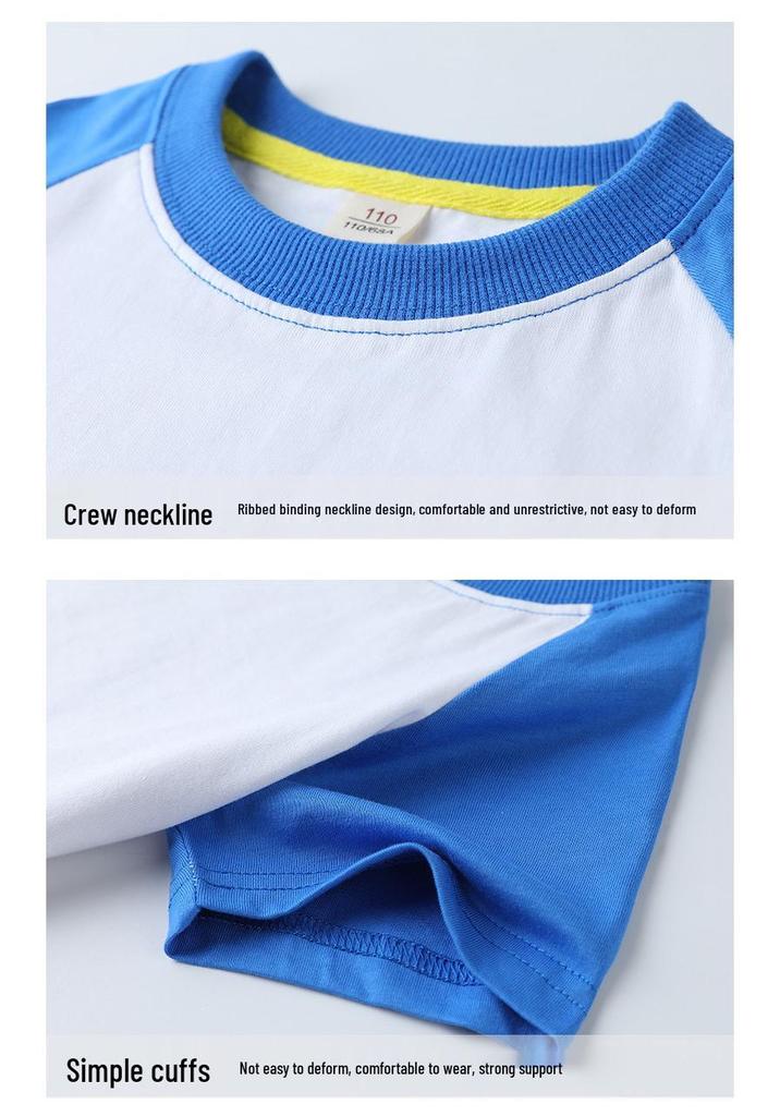 Summer Cotton Raglan Color Block Kids' Round Neck T-Shirt - Solid Color, Sweat-Absorbing, Short Sleeve Uniform