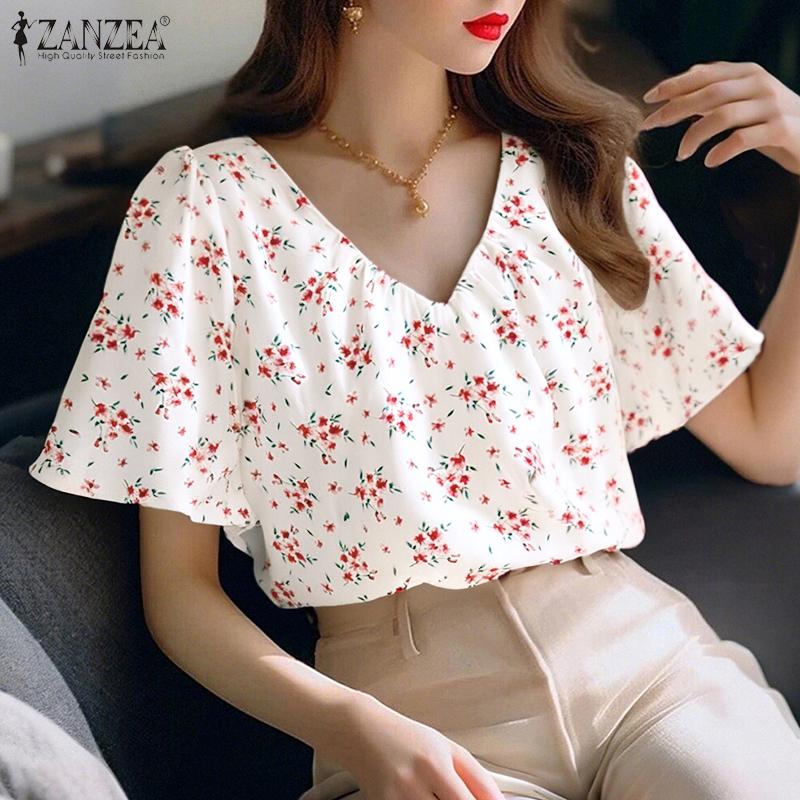 

ZANZEA Women Casual V-Neck Floral Print Short Sleeve Blouse 5XL чорний