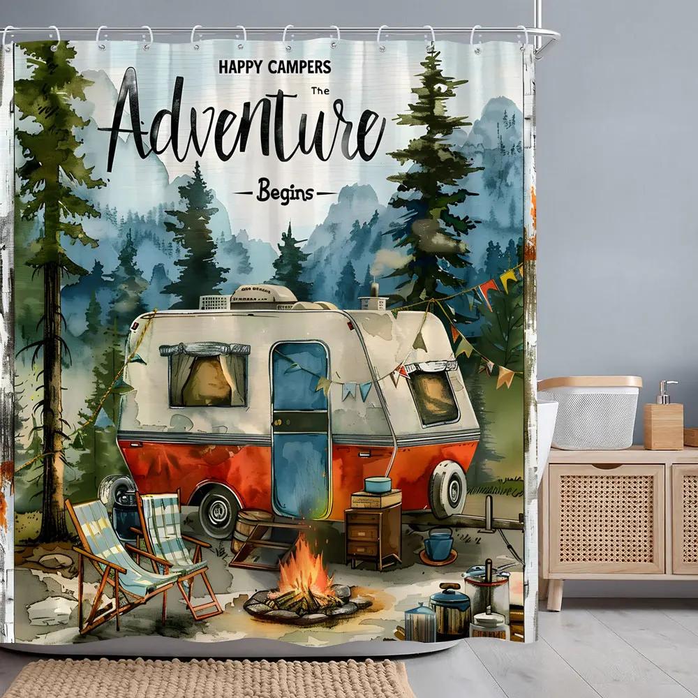 Camping Caravan Forest Shower Curtain Pleasant Camper Tent Campfire Polyester Printed Shower Curtains Bathroom Decor with Hooks