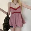 European and American Style Fresh Plaid Print Lace Patchwork Trim Vest, Cute and Simple Sleeveless Slim-Fit Babydoll Tank Top