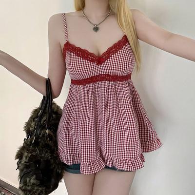 Europejski i Amerykański Styl Świeży Kraciasty Print Koronkowe Łaty Kamizelka, Słodki i Prosty Bezrękawnik Dopasowany Tank Top Babydoll