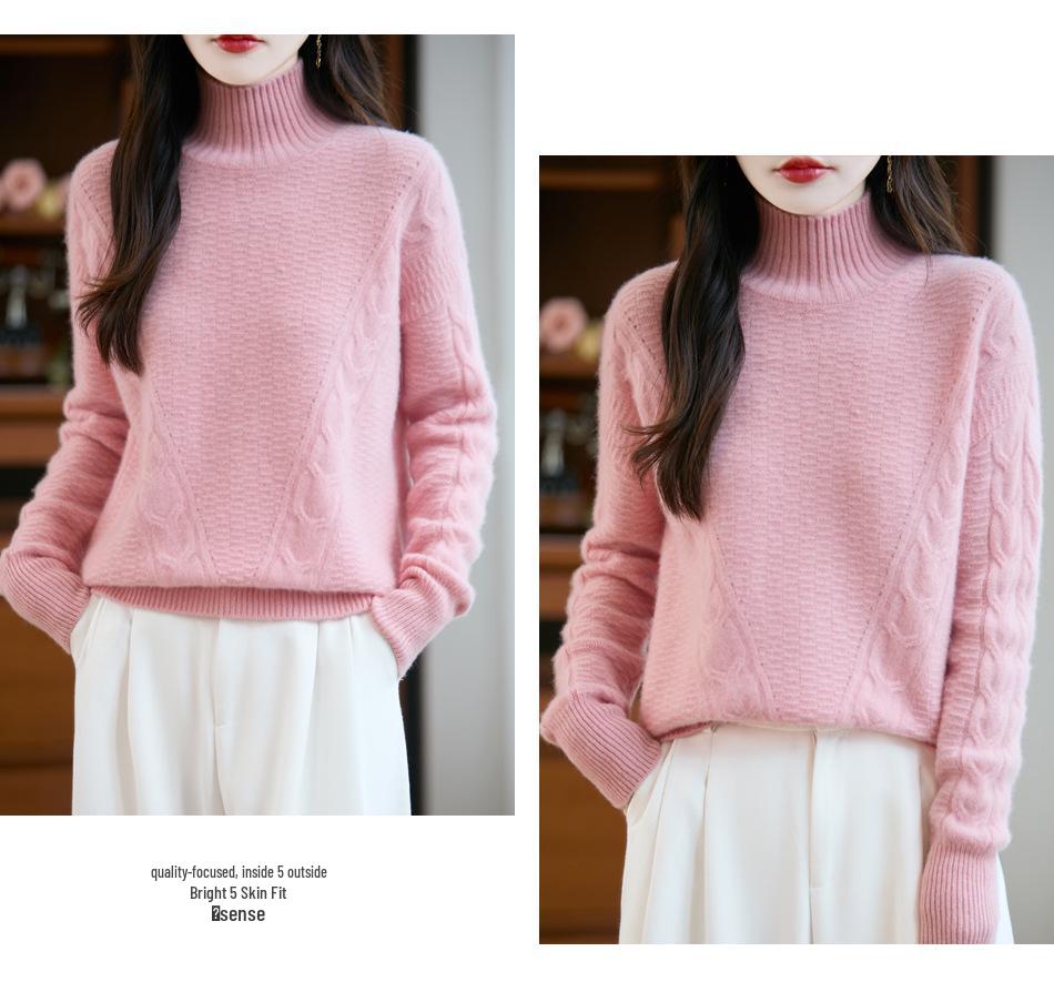 Women's 100% Pure Wool High Neck Cable Knit Sweater, Thickened Loose Fit, Autumn/Winter 2026 Style.