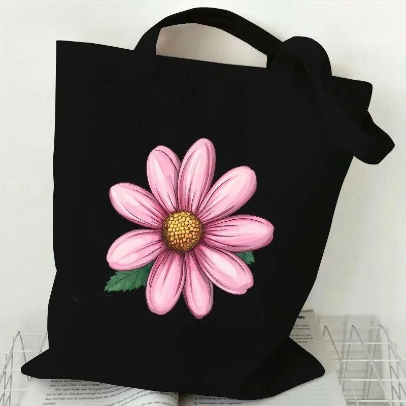 Black Canvas Tote Bag With Chamomile Flower Stylish Casual Shoulder Handbag For Shopping, Daily Use & Gifts, Shopping Handbag