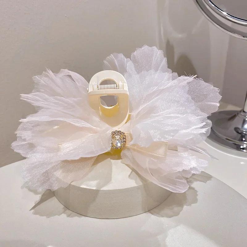 Women Fashion Diamond Inlaid Fairy Gauze Bow Acrylic Hair Clip Korean Cute Temperament Hair Accessories Girl Heart Accessory