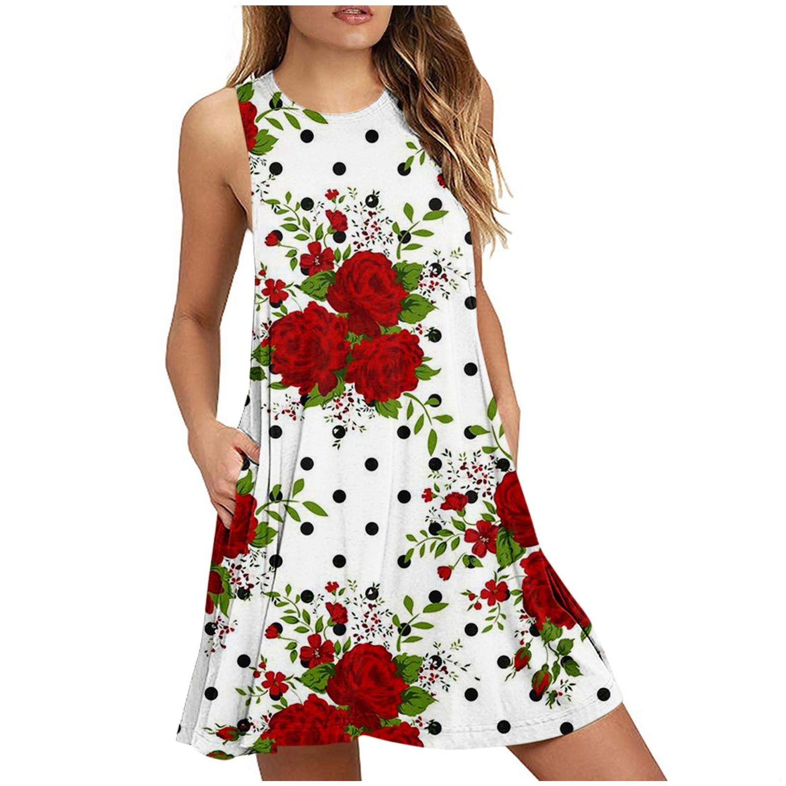 

(SU)Женское модное повседневное сексуальное карманное платье без рукавов с круглым вырезом и принтом