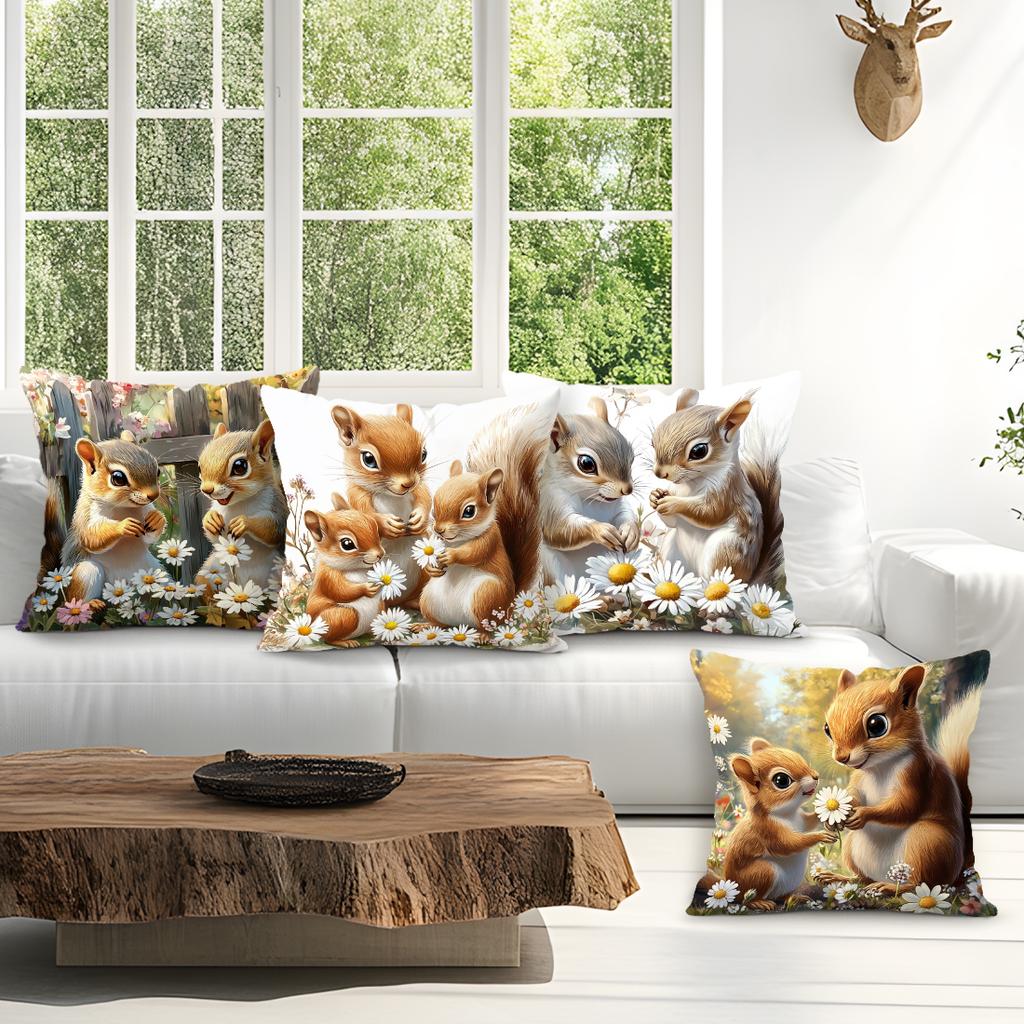 Squirrel Flowers Cushion Pillowcase Printed Polyester 45X45Cm Throw Pillowcover Decorative Sofa Cushion Pillowslip Home Decor