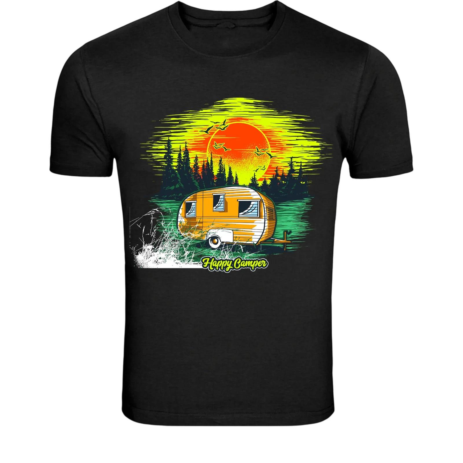 Happy Camper Sunset Trailer T-Shirt - Camping Outdoor Graphic Tee XS