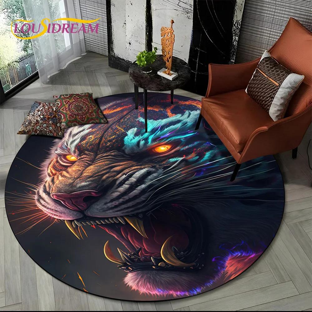 Animal Wildlife Cartoon Beast Tiger Lion Leopard Round Carpet Rug for Living Room Bedroom Child Decor,Pet Area Rug Non-slip Mat