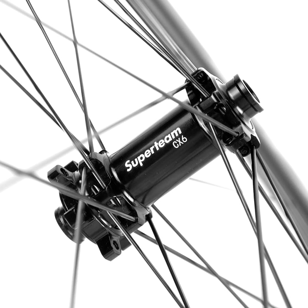 SUPERTEAM Carbon Clincher Wheels 700C Disc Brake Bike Wheel Set and Center Lock Thru Axle 50C-25 (White Red, 12100-12142)