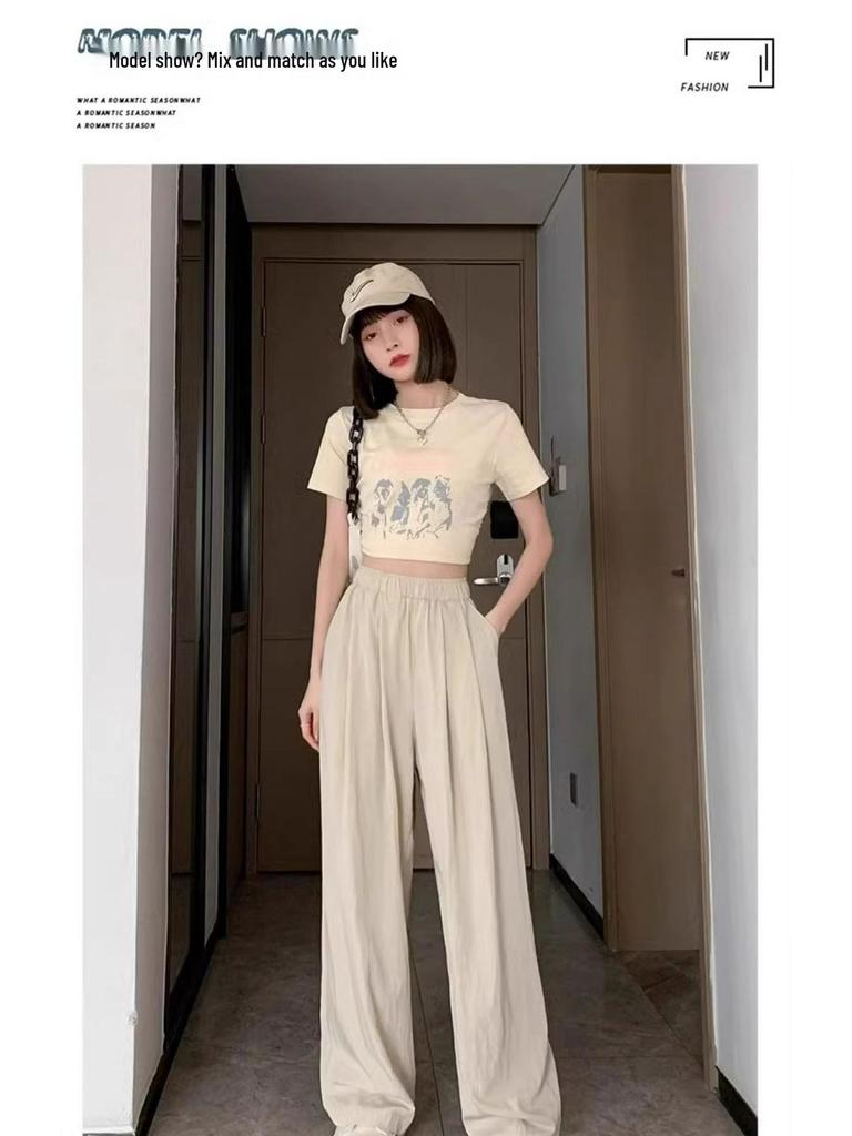 2024 Women's High Waist Pink Ice Silk Wide Leg Pants - Summer Petite Loose Fit with Draping