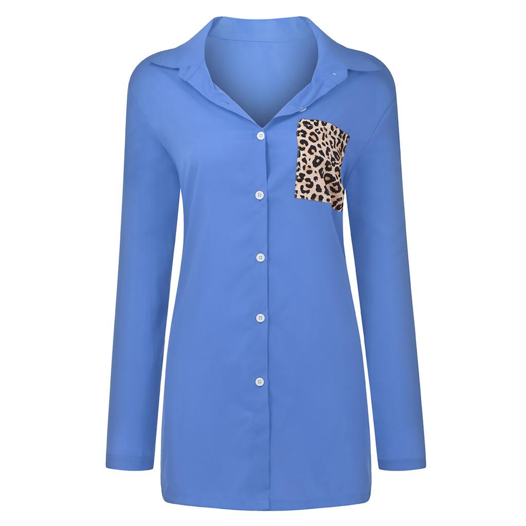 Women's Color Single-breasted Leopard Pocket Long-sleeved Lapel Shirt