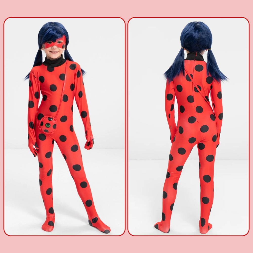 Miraculous Ladybug Costume for Kids, 4-5 Years, with Wig, Mask & Bag, Jumpsuit Style, Cosplay Outfit