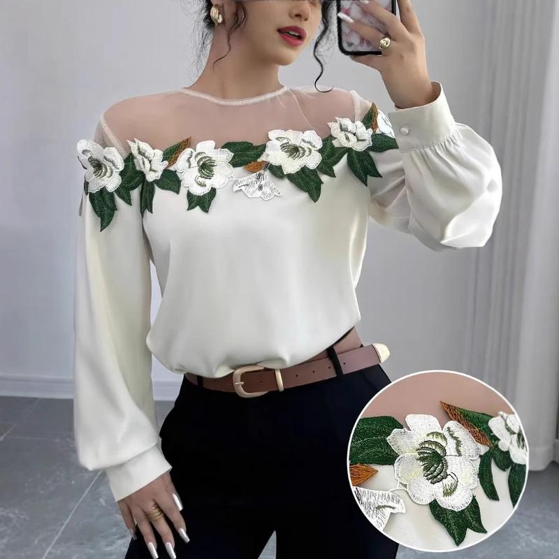 Spring New Shirt Women s Heavy Industry Mesh Splicing Satin Embroidered Top S белый