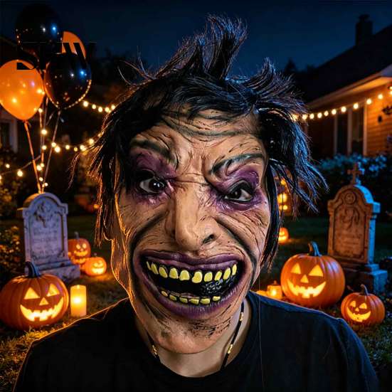 Realistic Latex Grimace with Messy Hair Scary Halloween Masque, Creepy Full Face Masque Vampire for Costume, Cosplay Party, Haunted House Party