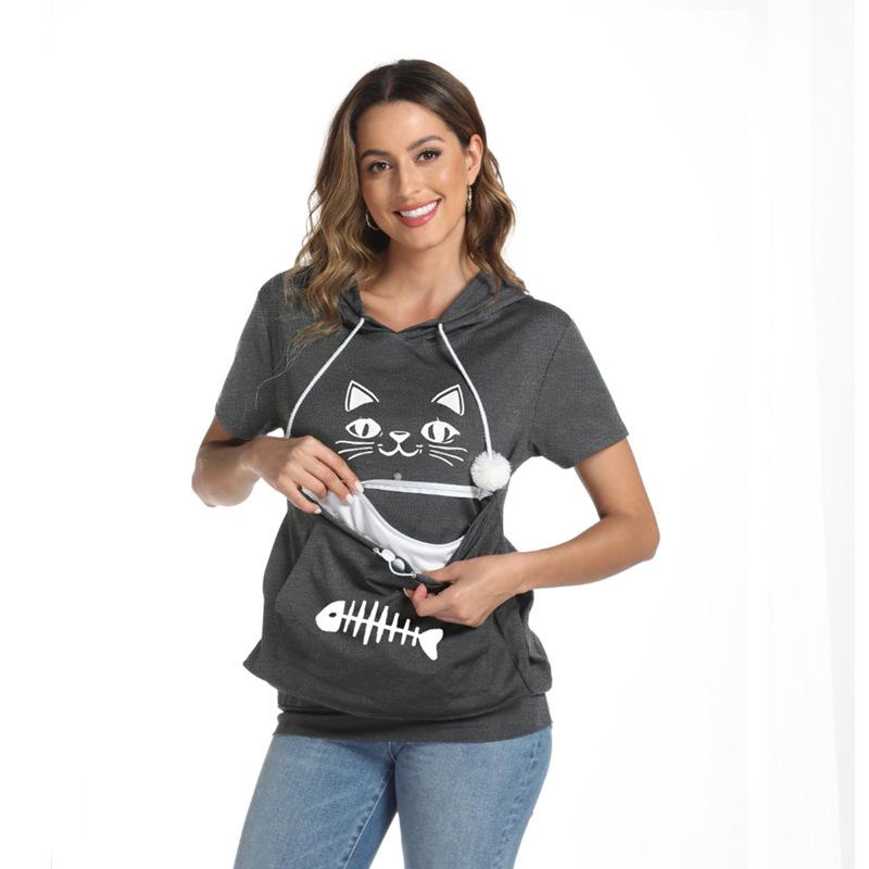 Women's summer cat face fish bone print loose large pocket short-sleeved hooded T-shirt