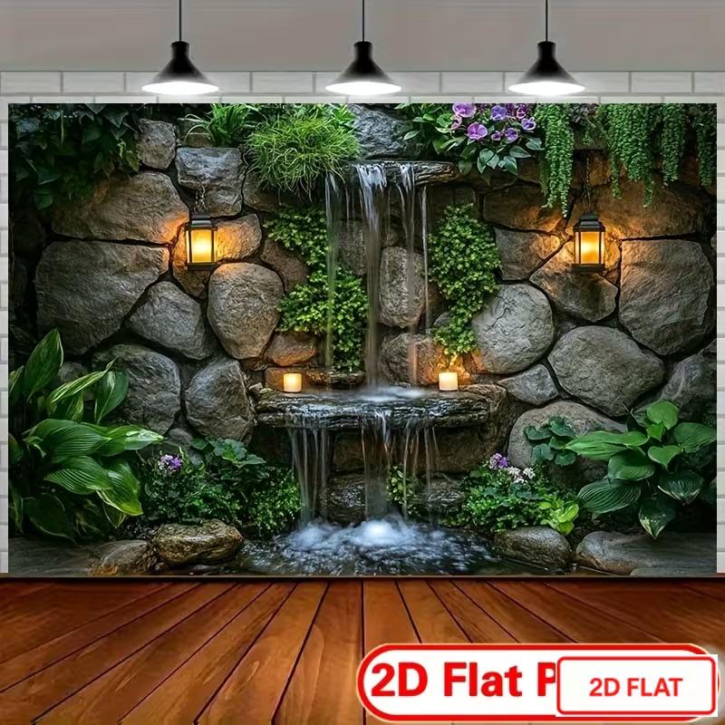 2D Rustic Boulder Cascading Stream Garden Photo Background 47.2x31.5inch/120*80cm