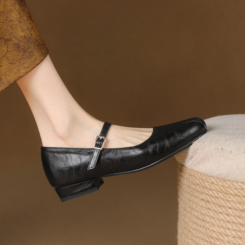 New Four-season Leather Shoes Casual Solid Color Buckle Women's Low-top Shoes Single Shoes Low-heeled Flat Shoes Square Head Square Heel