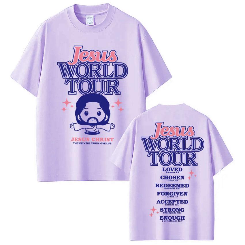 Funny Jesus World Tour Print T Shirt Men Women Fashion Christian Bible Verse Tshirts Oversized 100 Cotton Casual Short Sleeve