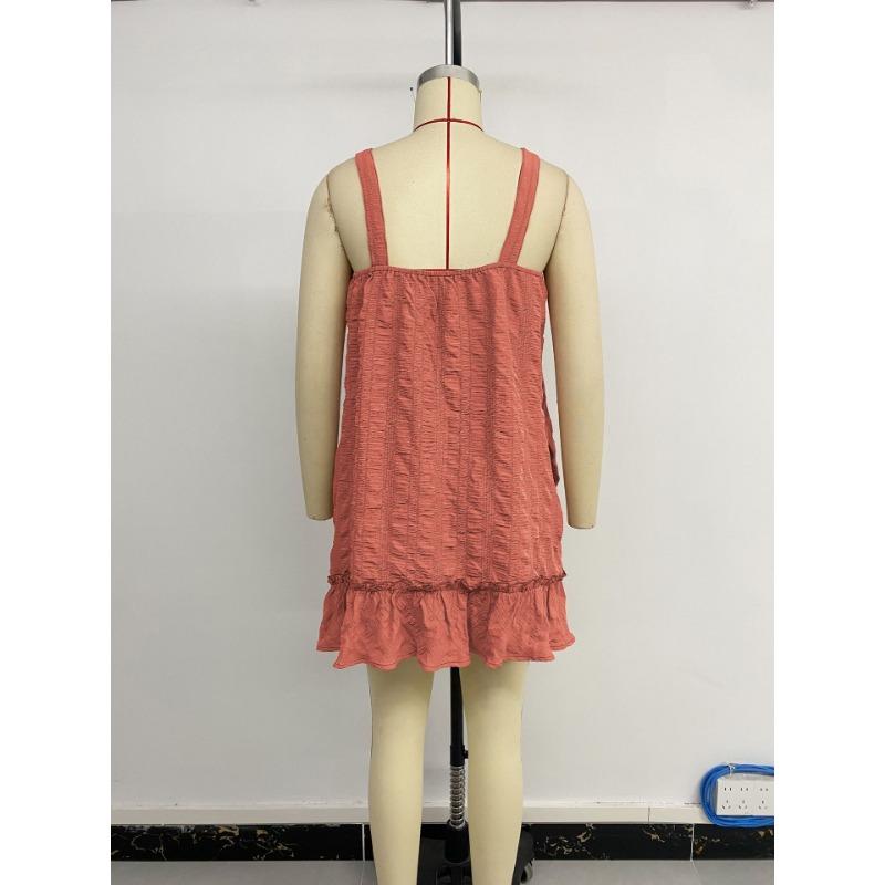 Casual Suspender Solid Color Texture Pleated Ruffled Dress