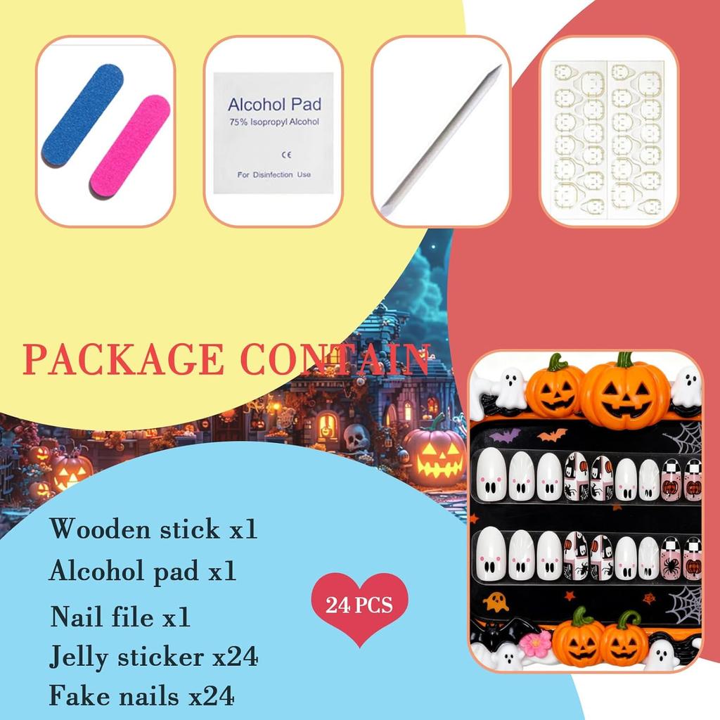24Pcs Halloween Press on Nails Short Oval Fake Nails with Ghost Pumpkin Design Almond Cute Halloween Nails Press ons Gel Acrylic Glue on Nails