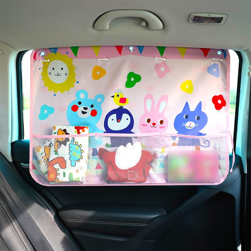 Lovely Car Curtain with Storage Net Pocket for Baby Window Sunshade Cover Kids Sunscreen Thermal Insulation Protection