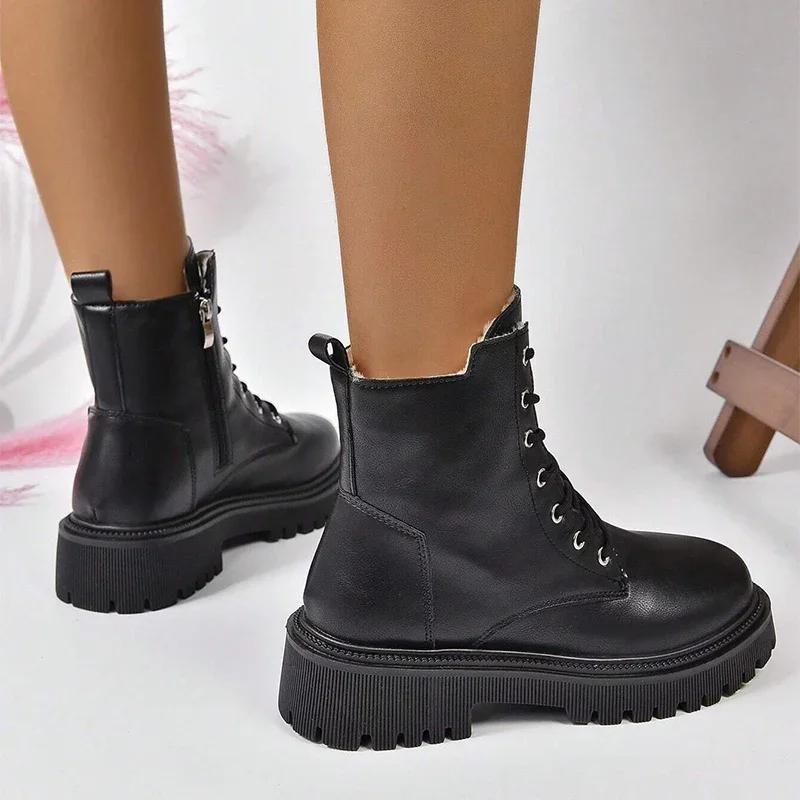 Thick Warm Long Plush Ankle Boots for Women Winter Lace Up Pu Leather Motorcycle Boots Woman Plus Size Short Booties Shoes