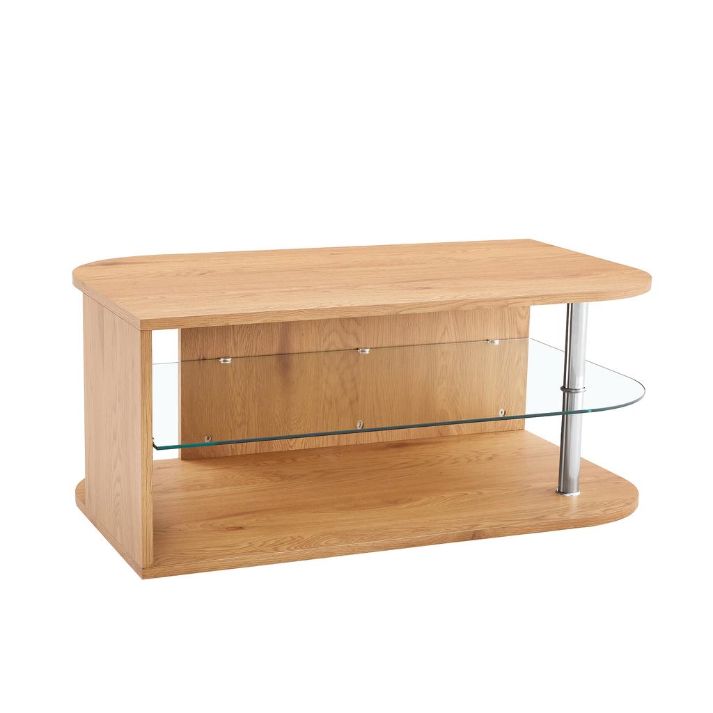 Modern Coffee Table with Storage, Natural Wood and Glass Shelf, Minimalist Living Room Table for Home Office, Apartment and Small Spaces (100x60x42cm)