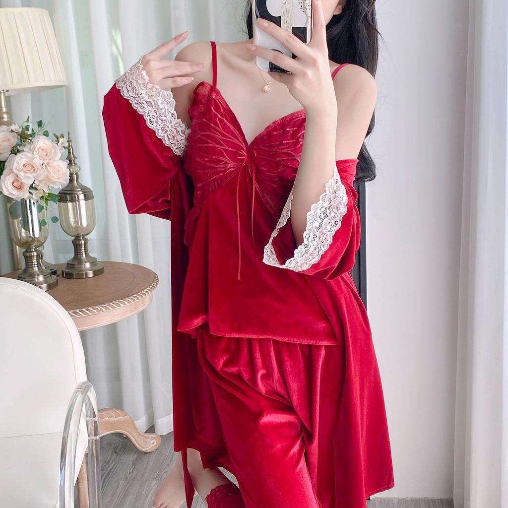 Pajamas three-piece set autumn and winter new women's butterfly explosion golden velvet pajamas pajama set sexy temptation