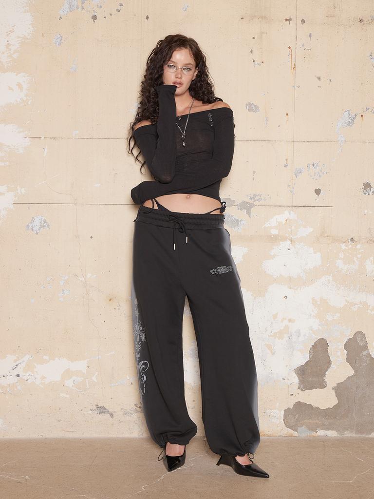 Hilda Smog Motif Wide String Sweatpants [Black]
