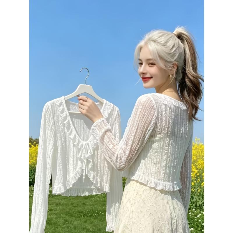 Women's Cardigan Jacket, Summer Lightweight Breathable Lace Tie Shawl, Fashionable Versatile Short Cardigan Jacket, Outerwear for Slip Dresses