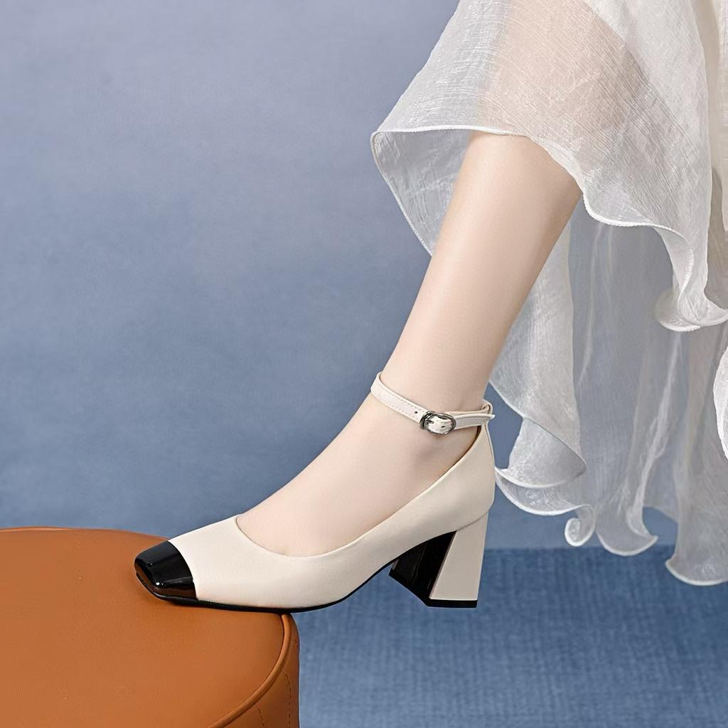 High Heels Women's Spring New One-word Buckle Shallow Mouth Single Shoes Iron Bag Head Square Head Women's Shoes Mary Jane Shoes