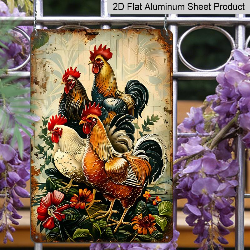 2D Flat, 1pc Vintage Rooster Metal Sign - 8x12 Inch Rustic Aluminum Wall Art with 3 Roosters & Floral Design, Indoor/Outdoor Decorative Hanging Plate